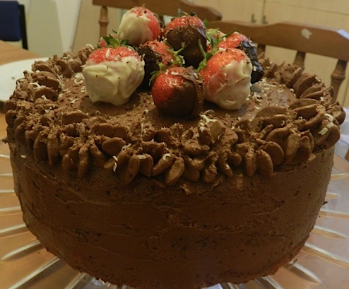 Chocolate and Strawberry cake with Chocolate Ganache and Chocolate Dipped Strawberries